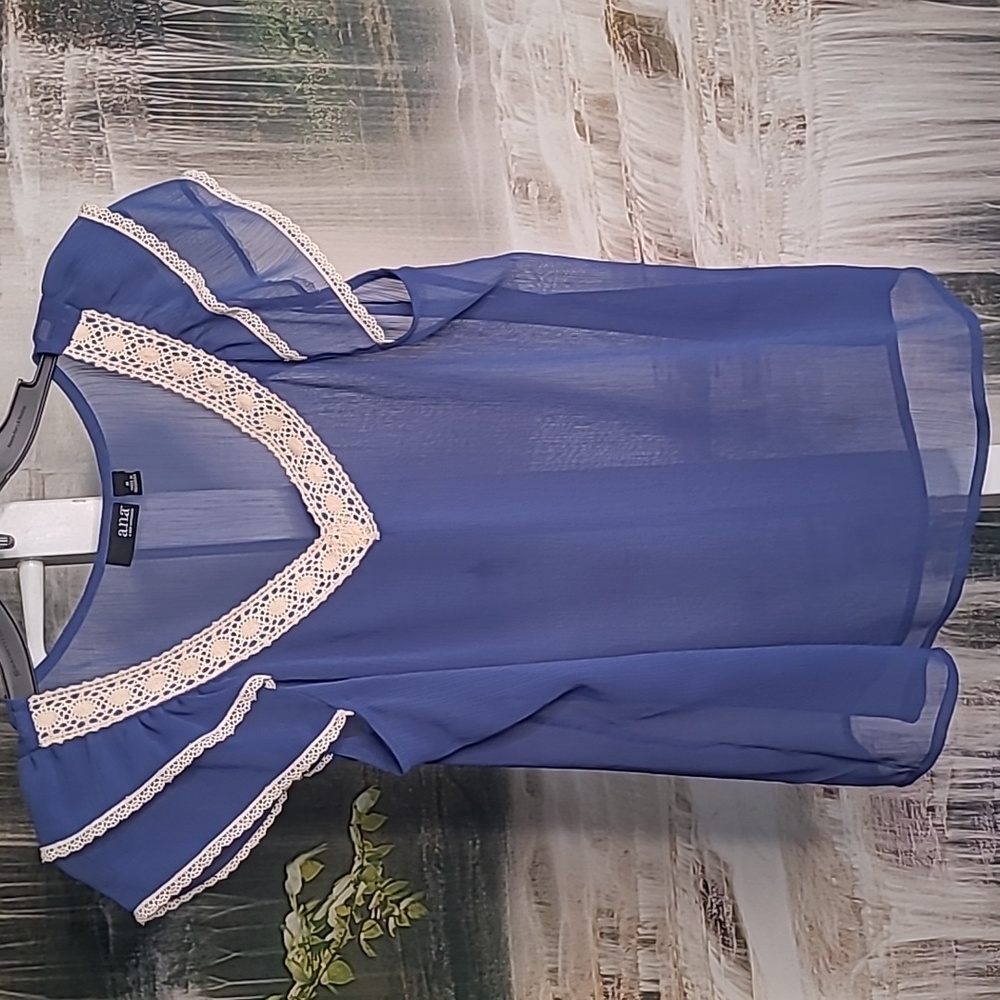 ANA Womens Medium sheer royal blue short sleeve dressy blouse top